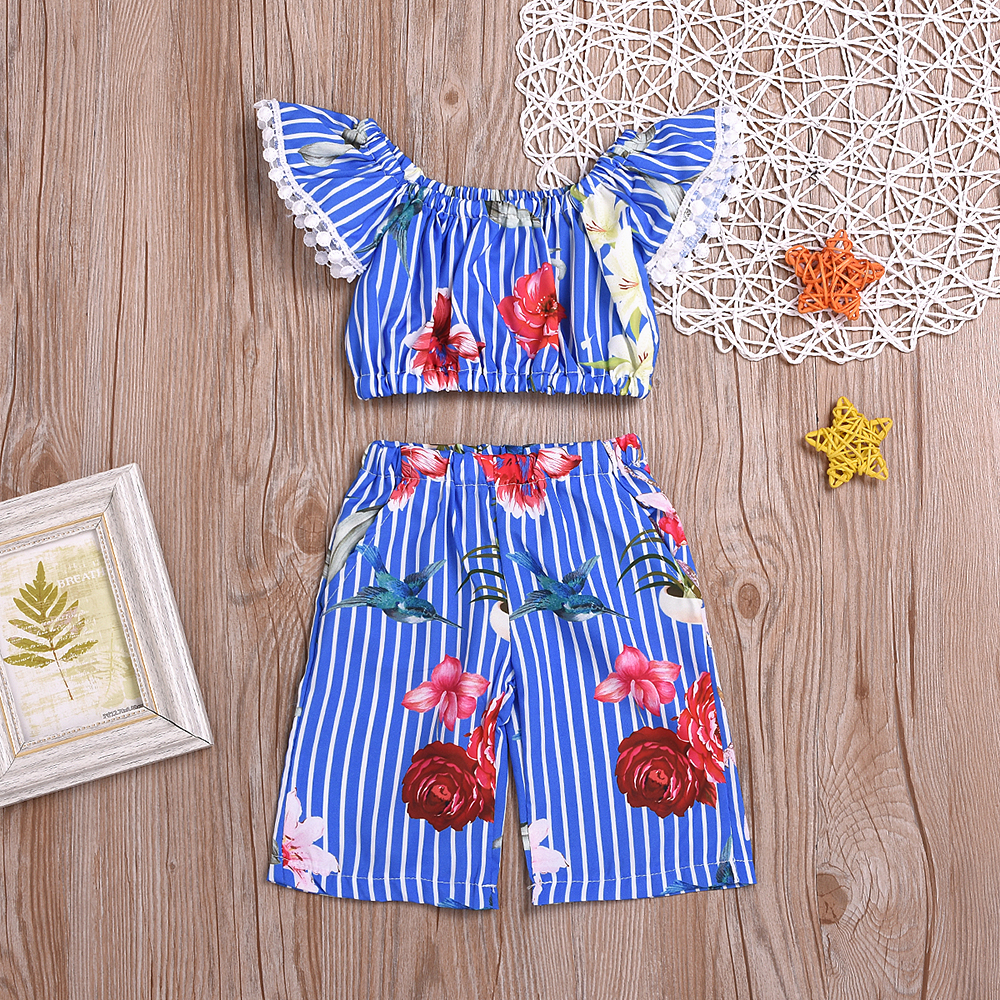 

Striped Floral Print Ruffle-sleeve Top and Pants Set