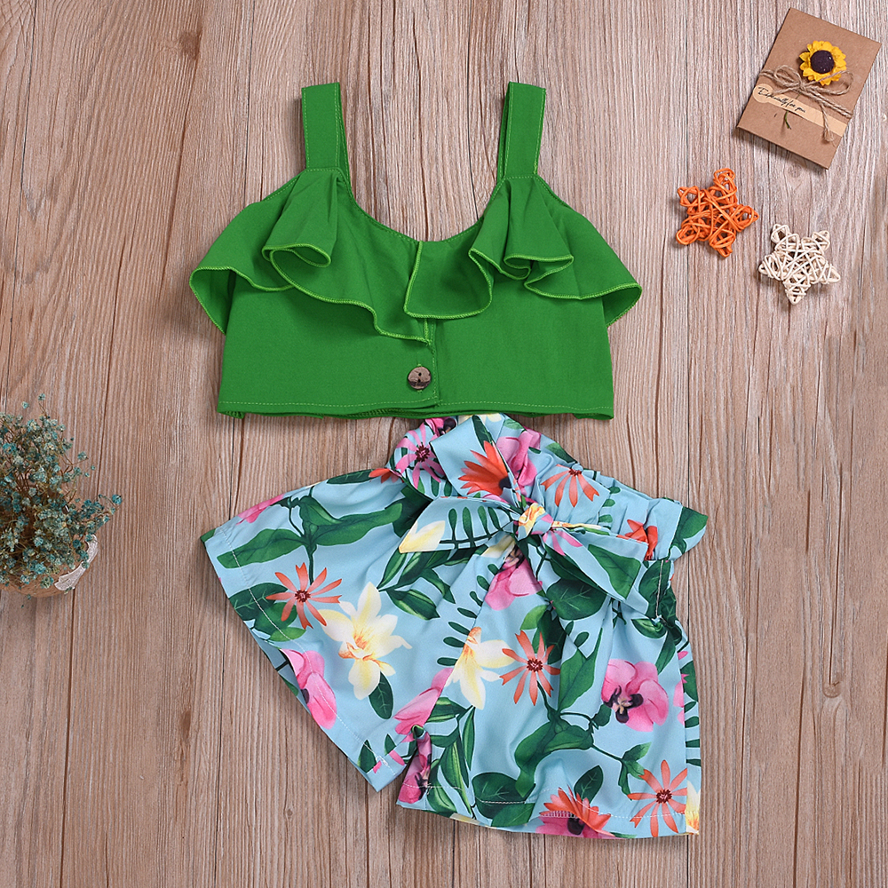 

Ruffled Sling Top and Floral Print Shorts Set