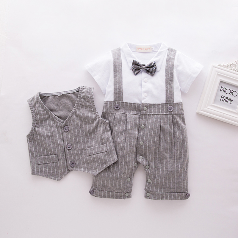 

Baby / Toddler Stripe Splice Design Gentlemanly Bow Tie Short-sleeve Bodysuit and Vest Set