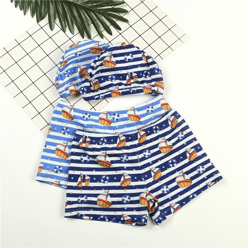 

Fashionable Striped Sailboat Pattern Swimming Trunks and Cap Set