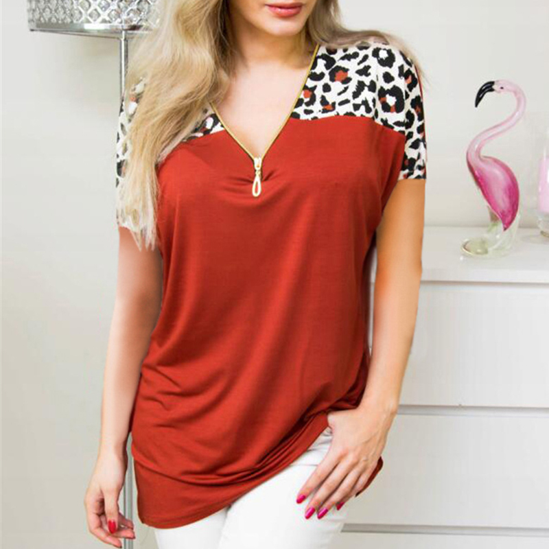

Stylish Zipper Decor Leopard Short-sleeve Top