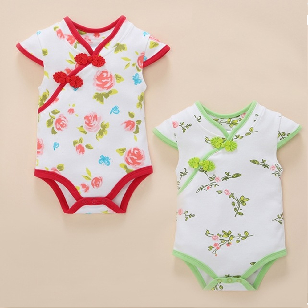 

Baby Chinese Style Rose Print Knot Design Bodysuit