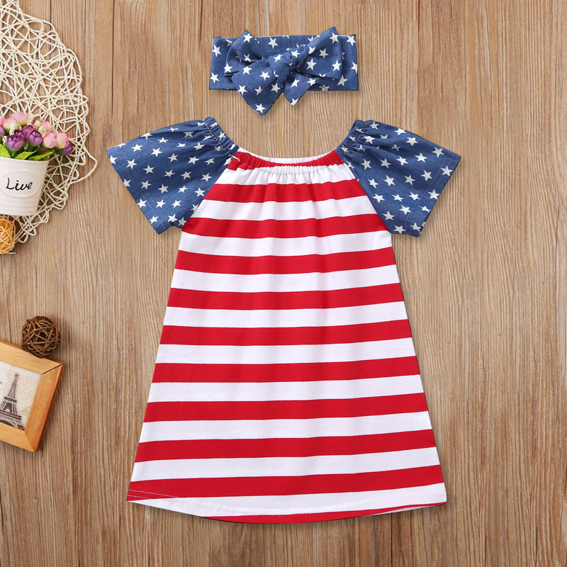 

Baby / Toddler Independence Day Striped Five-pointed Star Sleeve Splice Dress and Headband
