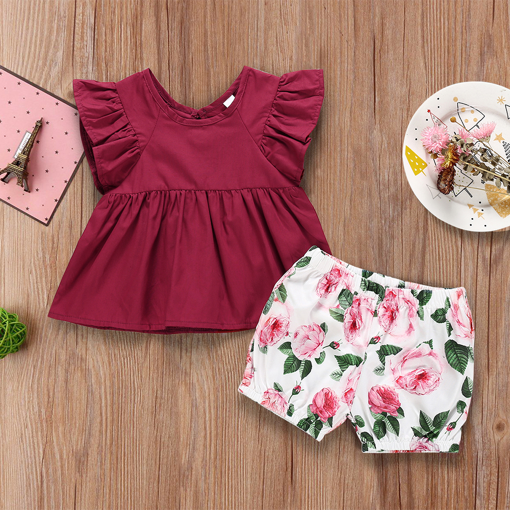 

Baby / Toddler Solid Ruffled Sleeve Top and Flower Print Shorts Set