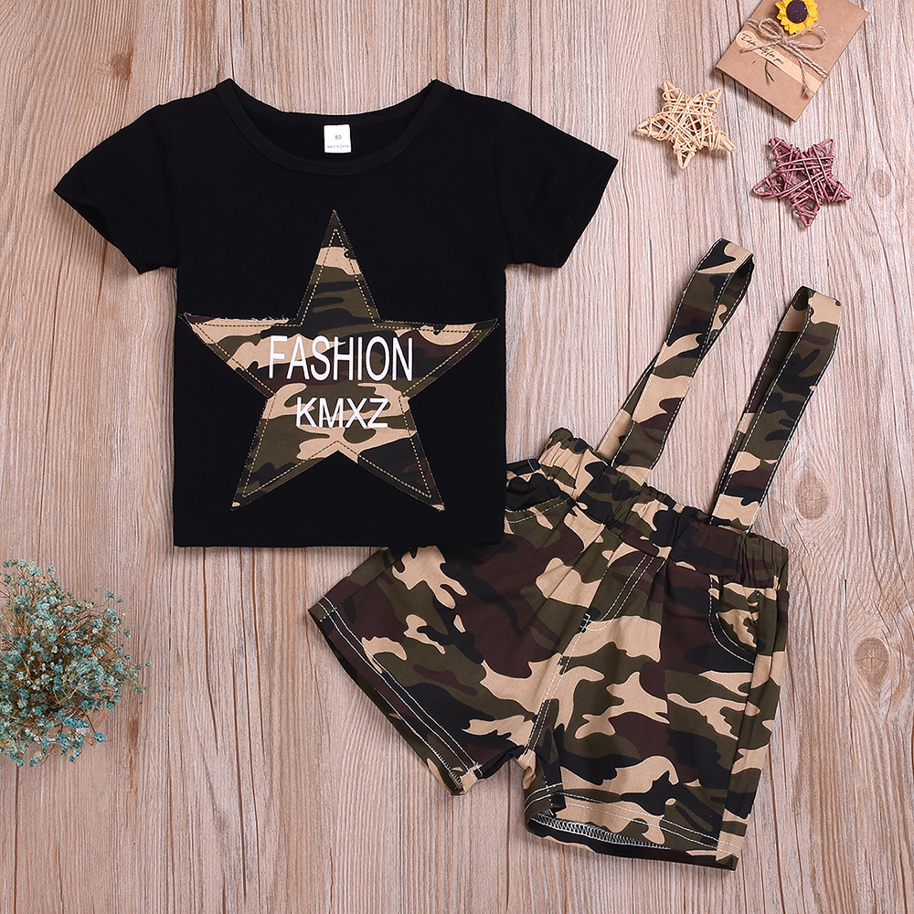 

Baby / Toddler FASHION KMXZ Print Star Embroidery Tee and Camouflage Overalls Set