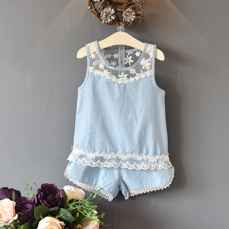

Pretty Lace Design Denim Tank Top and Shorts Set