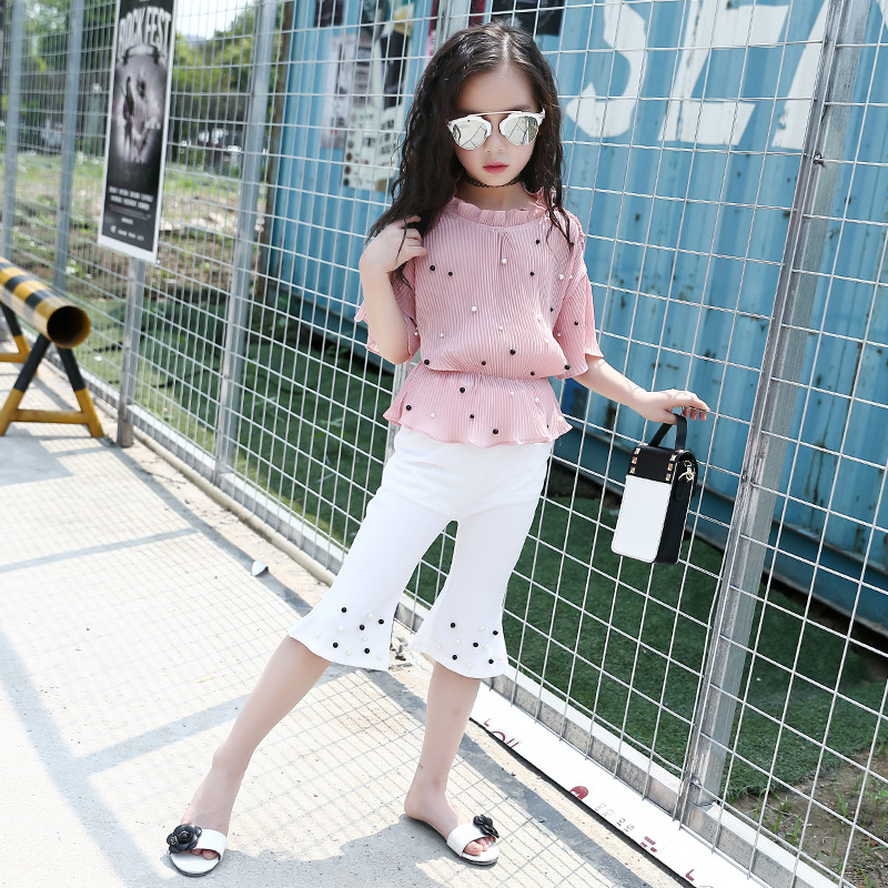 

Fashionable Pearl Decor Short-sleeve Blouse and Shorts Set