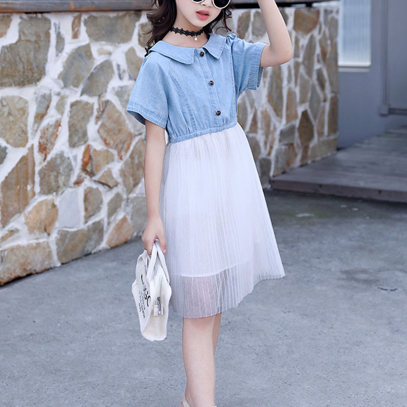 

Elegant Denim Short-sleeve Mesh Dress