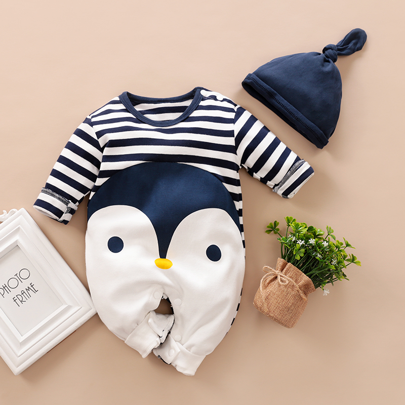 

Lovely Striped Penguin Print Long-sleeve Jumpsuit and Hat Set in Dark Blue for Baby Boy