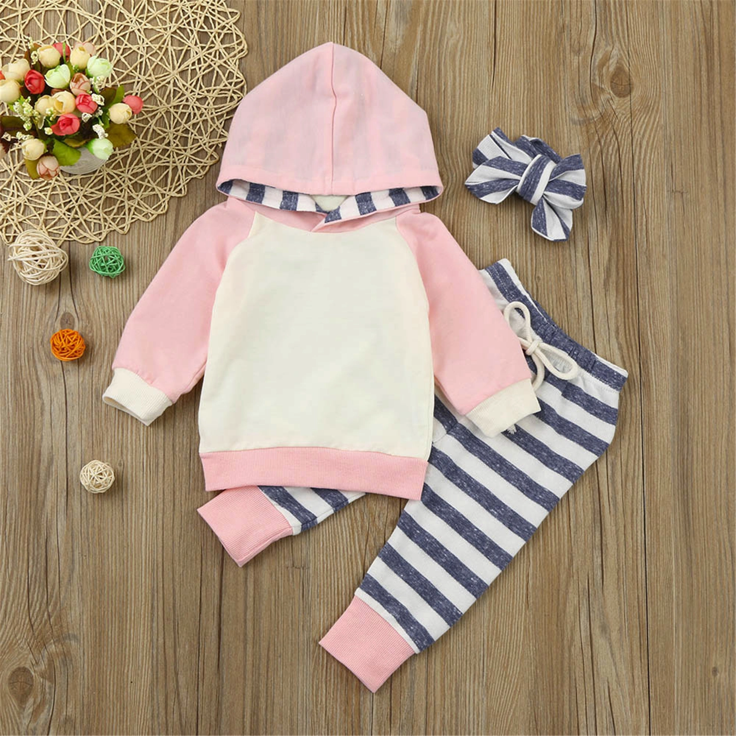 

3-piece Cute Color Blocked Striped Hoodie, Tie-up Pants and Headband Set