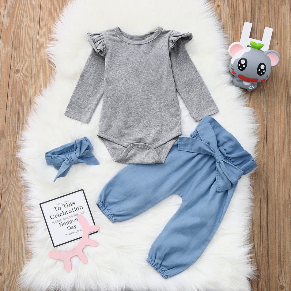 

Ruffle Shoulder Romper Denim Pants with Headband