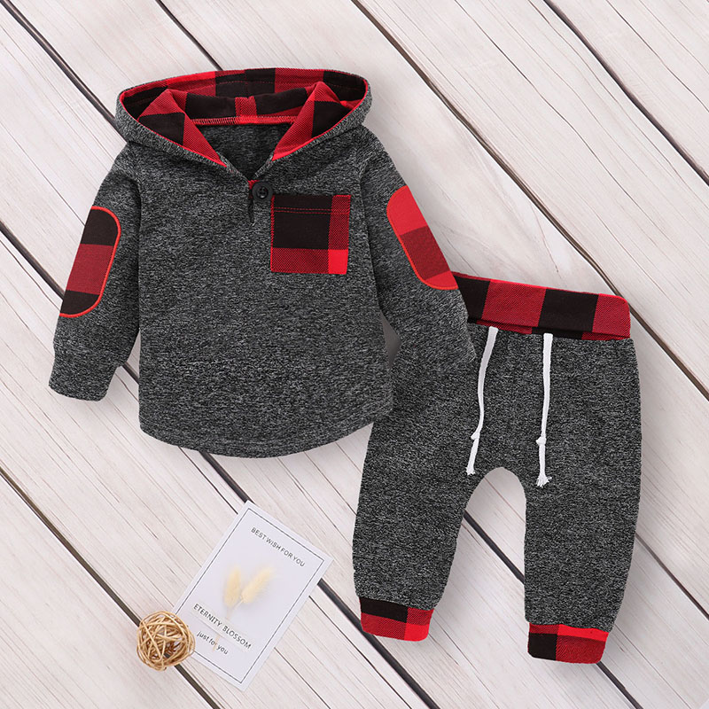 

Stylish Plaid Design Long-sleeve Hooded Top and Pants Set for Baby