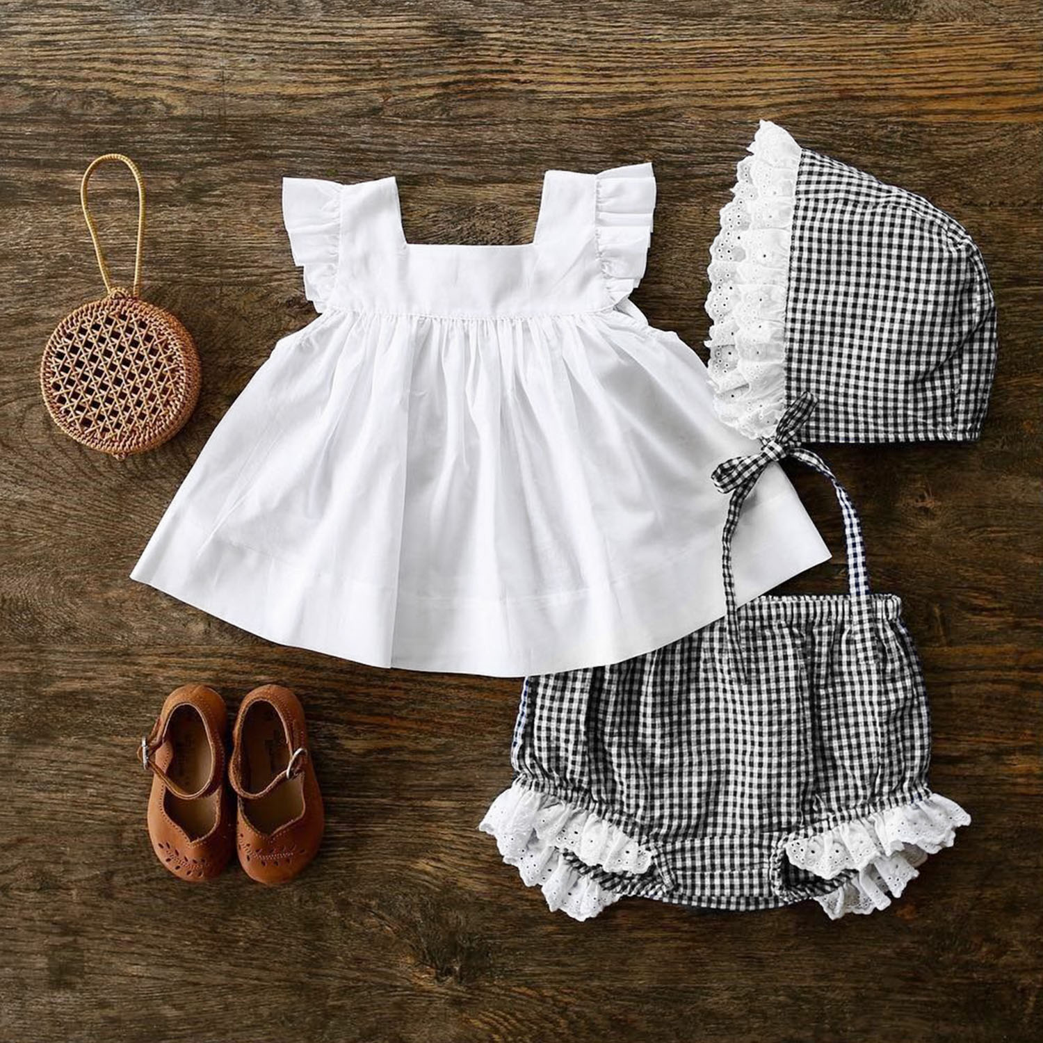 

3-piece Baby / Toddler Flutter-sleeve Top and Plaid Style Shorts with Hat Set