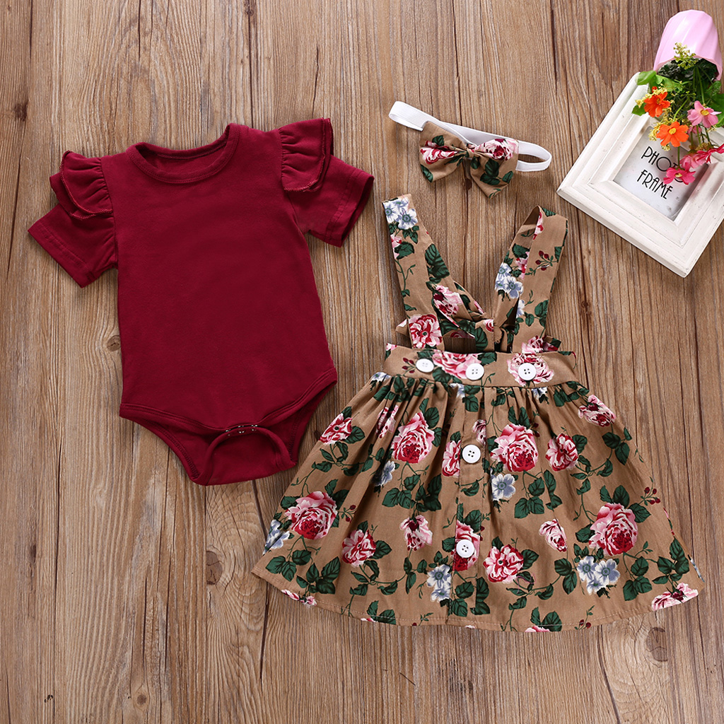 

Ruffle Romper Buttons Decor Floral Dress and Headband Set