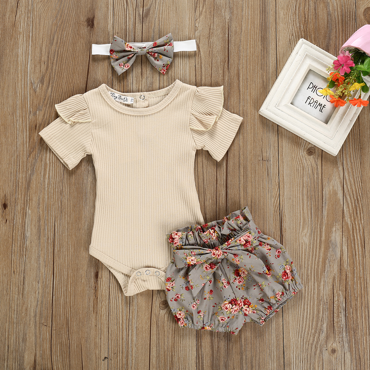 

3-piece Baby / Toddler Solid Shoulder Ruffled Bodysuit and Floral Shorts with Headband Set
