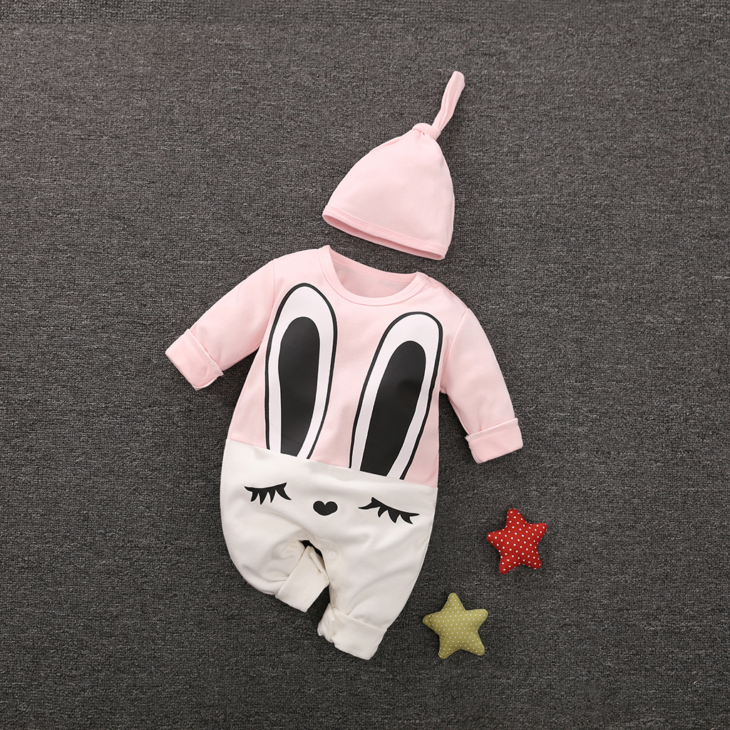 

Cute Rabbit Print Long-sleeve Jumpsuit and Hat Set for Baby Girl