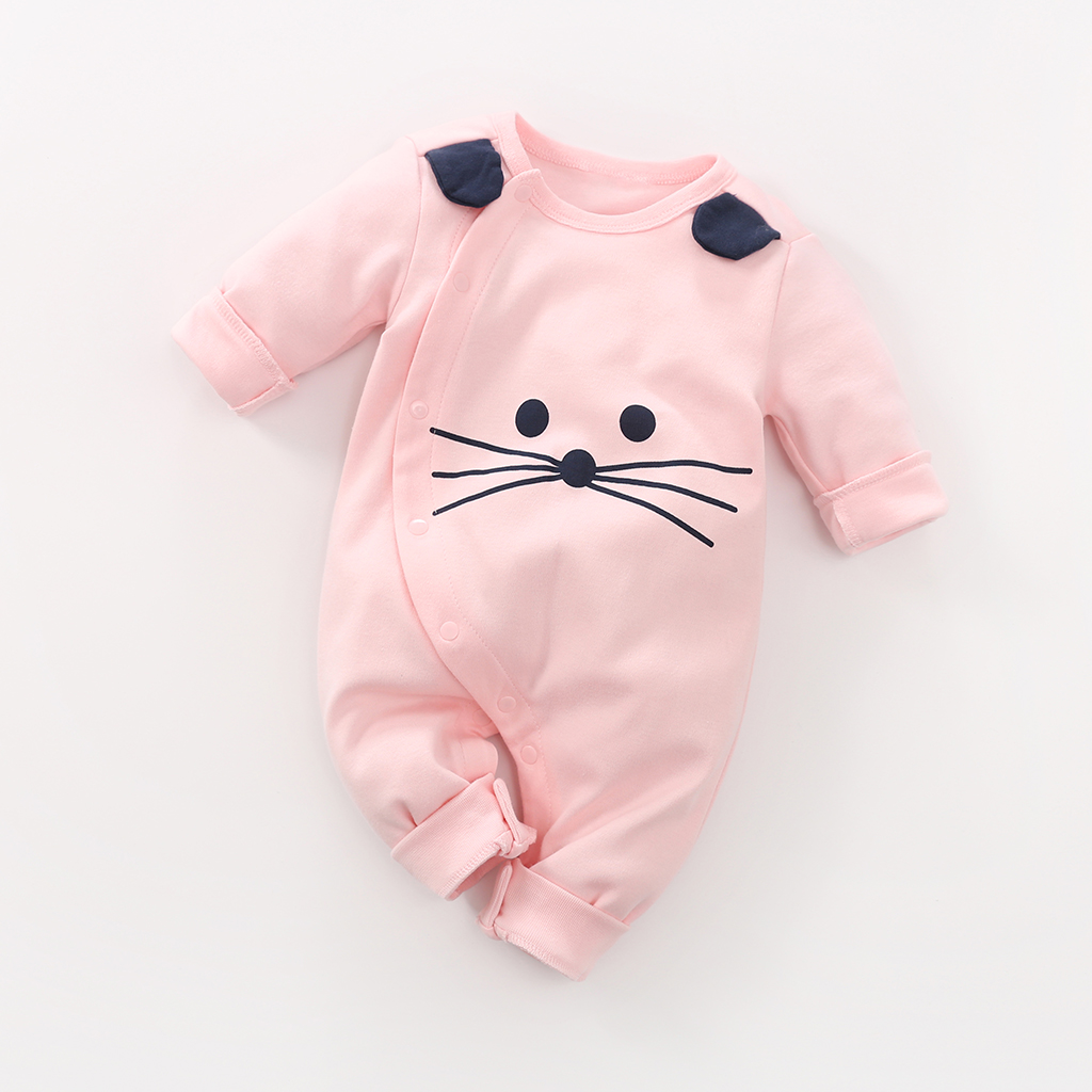 

100% Cotton Mouse Print 3D Ear Design Long-sleeve Pink Baby Jumpsuit