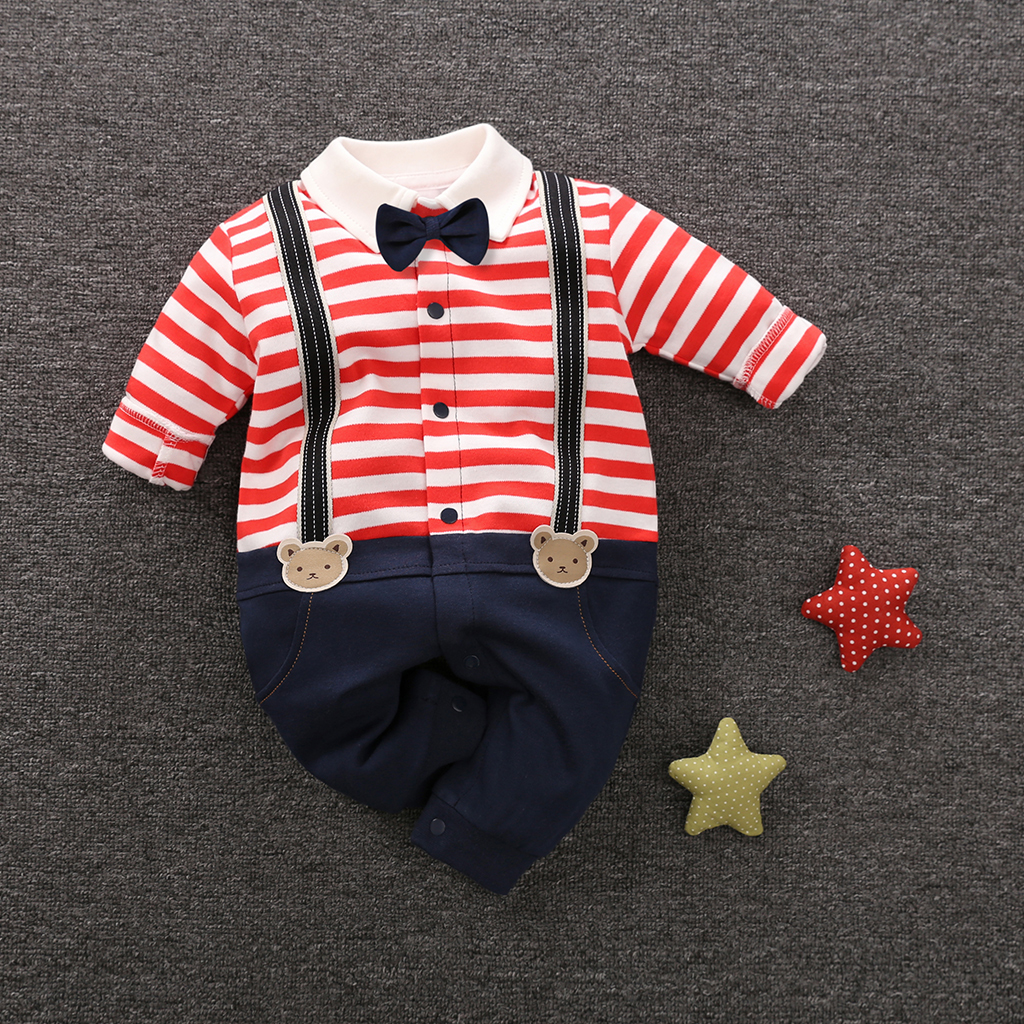 

Gentlemanly Bow Tie Decor Striped Long-sleeve Jumpsuit for Baby