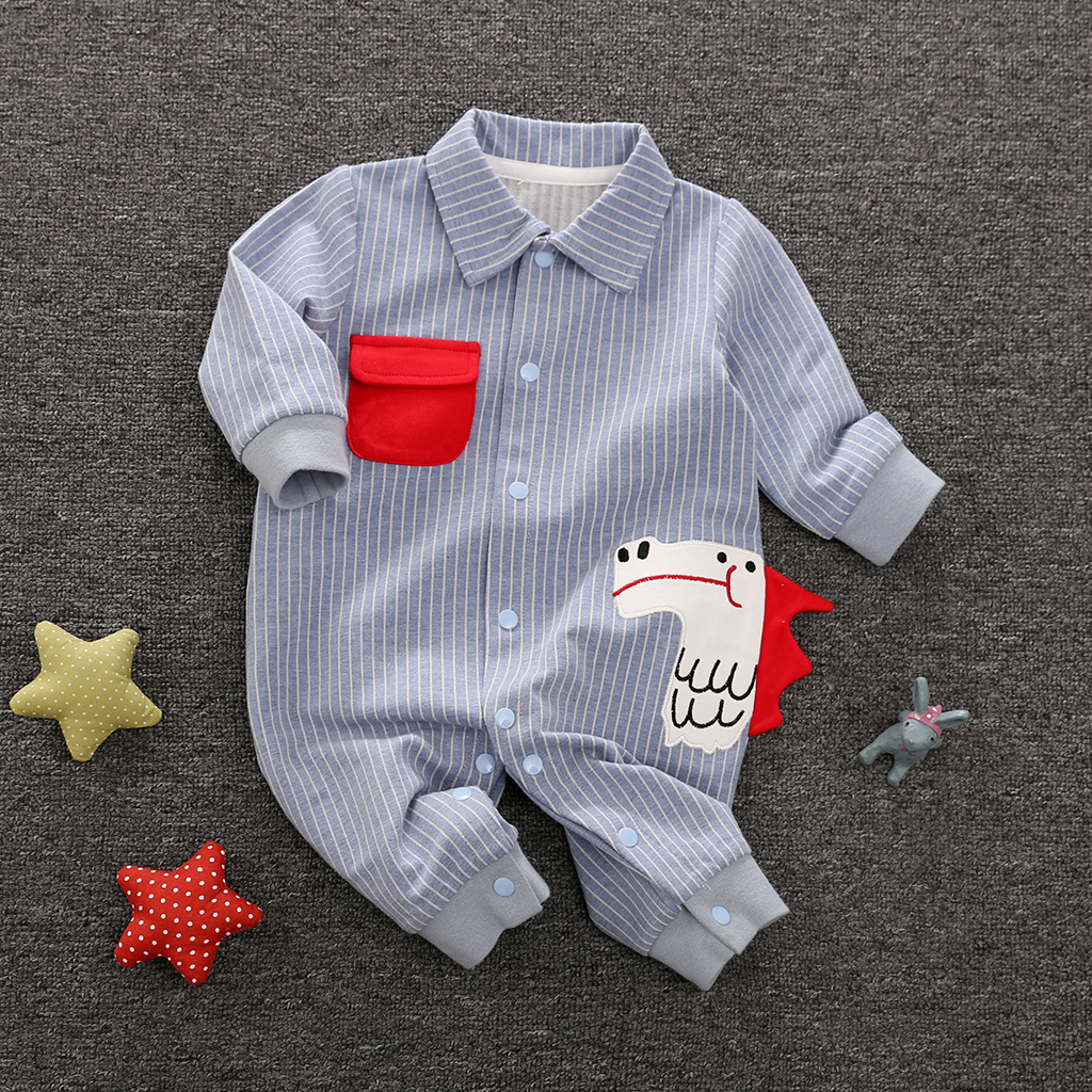 

Baby Dinosaur Embroidered Striped Shirt Jumpsuit