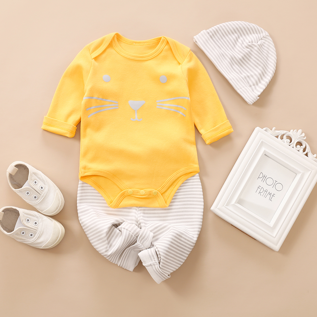 

3-piece Baby Lovely Cat Print Bodysuit and Striped Pants with Hat Set