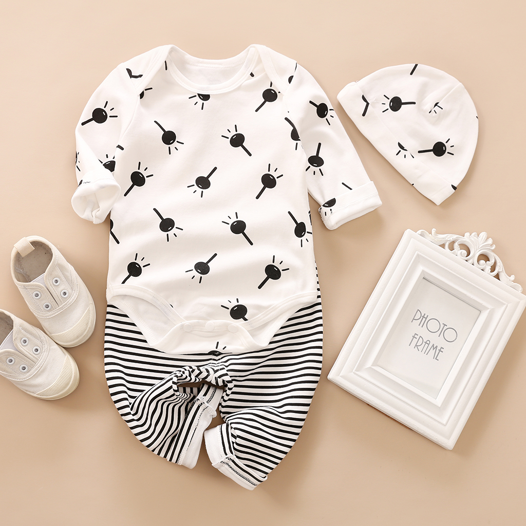 

3-piece Baby Trendy Allover Bodysuit and Striped Pants with Hat Set