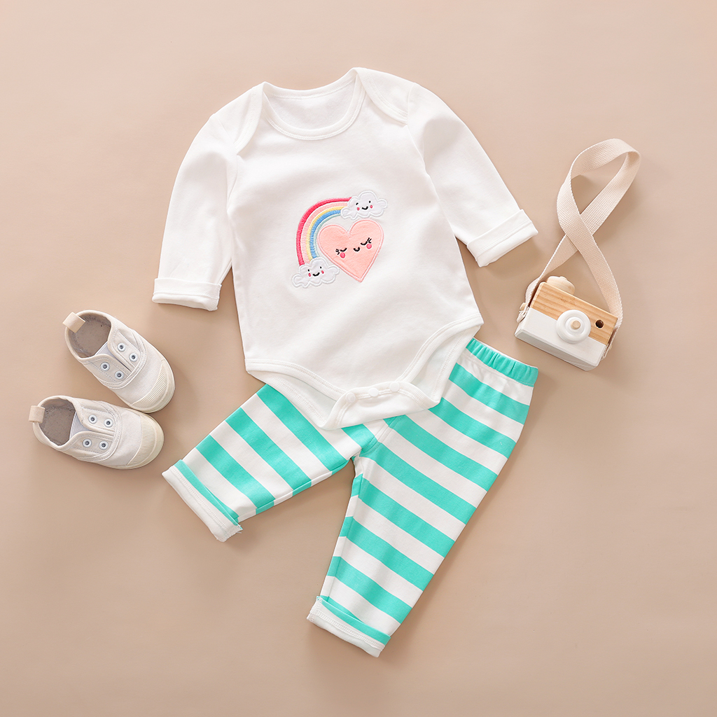 

Baby Girl Rainbow Embroidery Bodysuit and Striped Pants Set