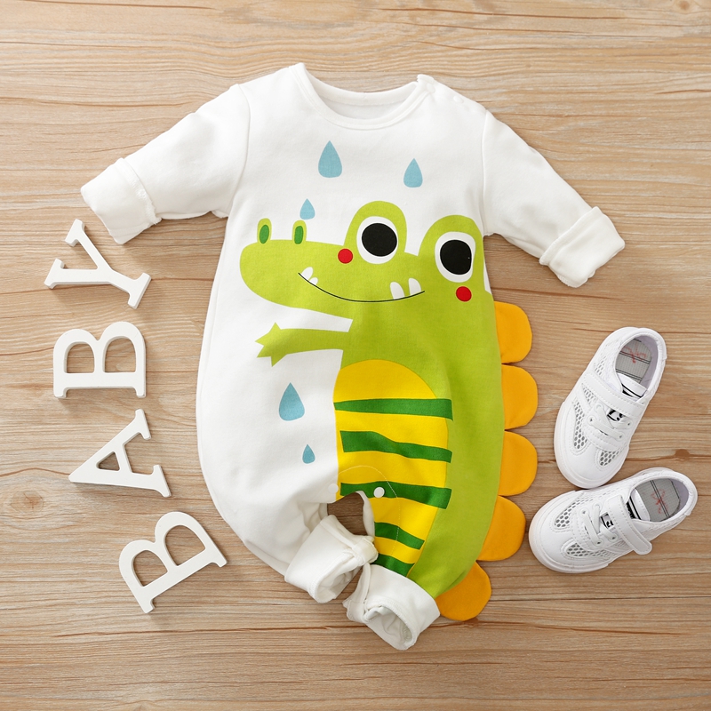 

100% Cotton Dinosaur Print Long-sleeve White Baby Jumpsuitur Jumpsuit
