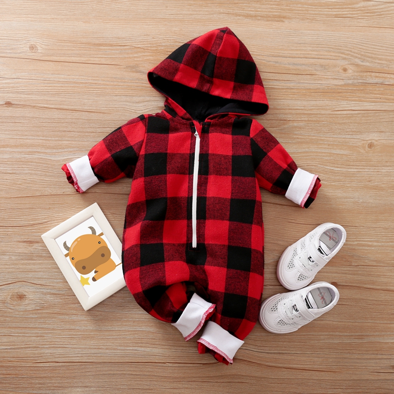 

Baby Christmas Plaid Hooded Jumpsuit