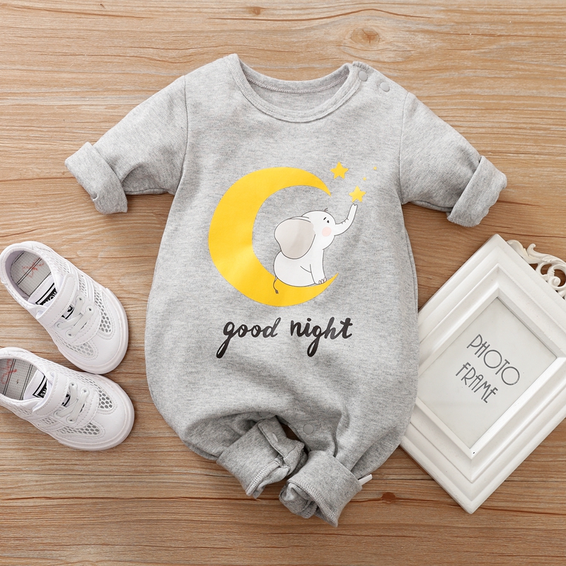 

100% Cotton Elephant and Letter Print Long-sleeve Grey Baby Jumpsuit