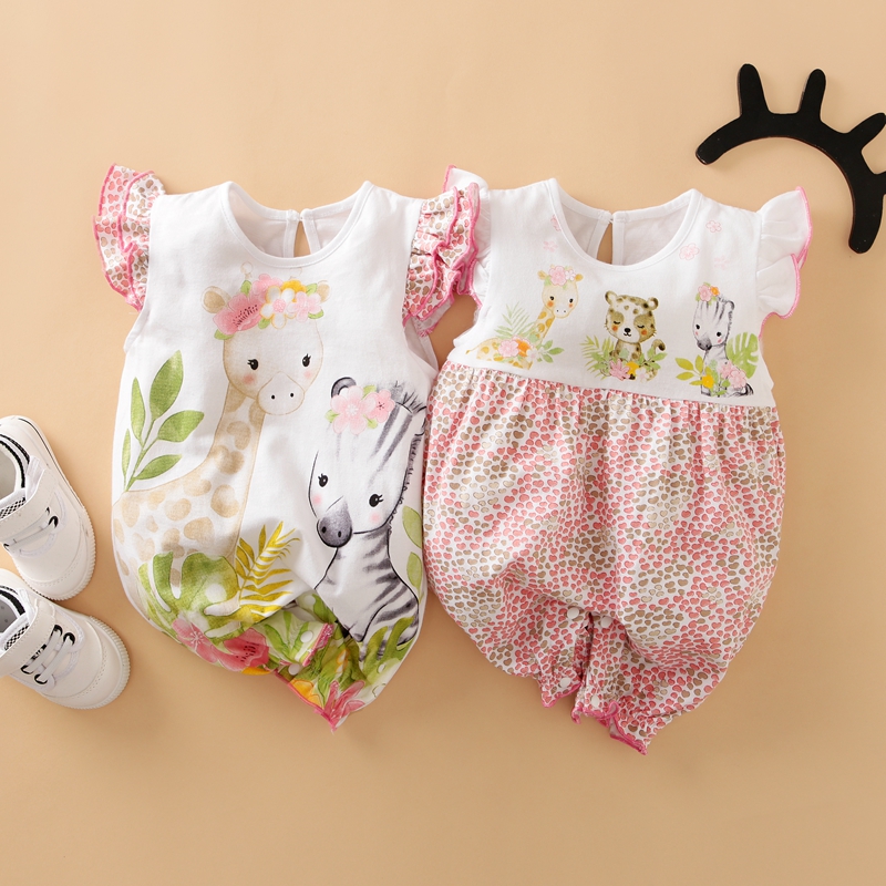 

100% Cotton Zebra Floral Print Flutter-sleeve Baby Romper