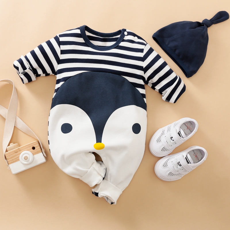 

100% Cotton 2pcs Stripe and Penguin Print Long-sleeve Baby Set