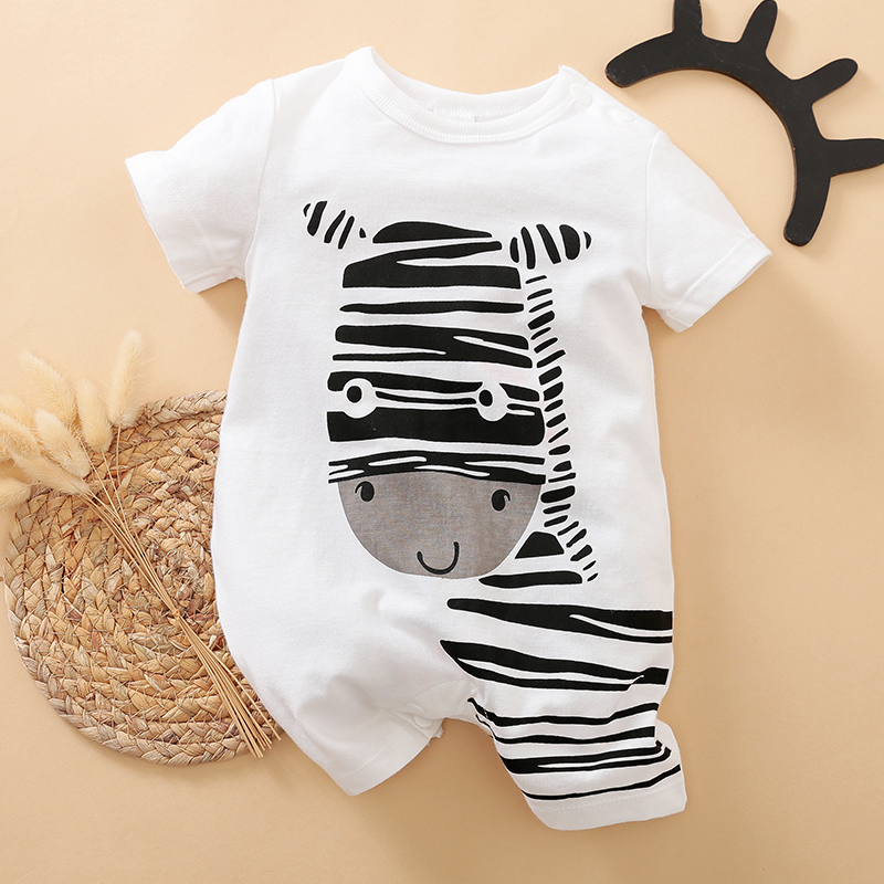 

100% Cotton Zebra Print Short-sleeve White Baby Romper