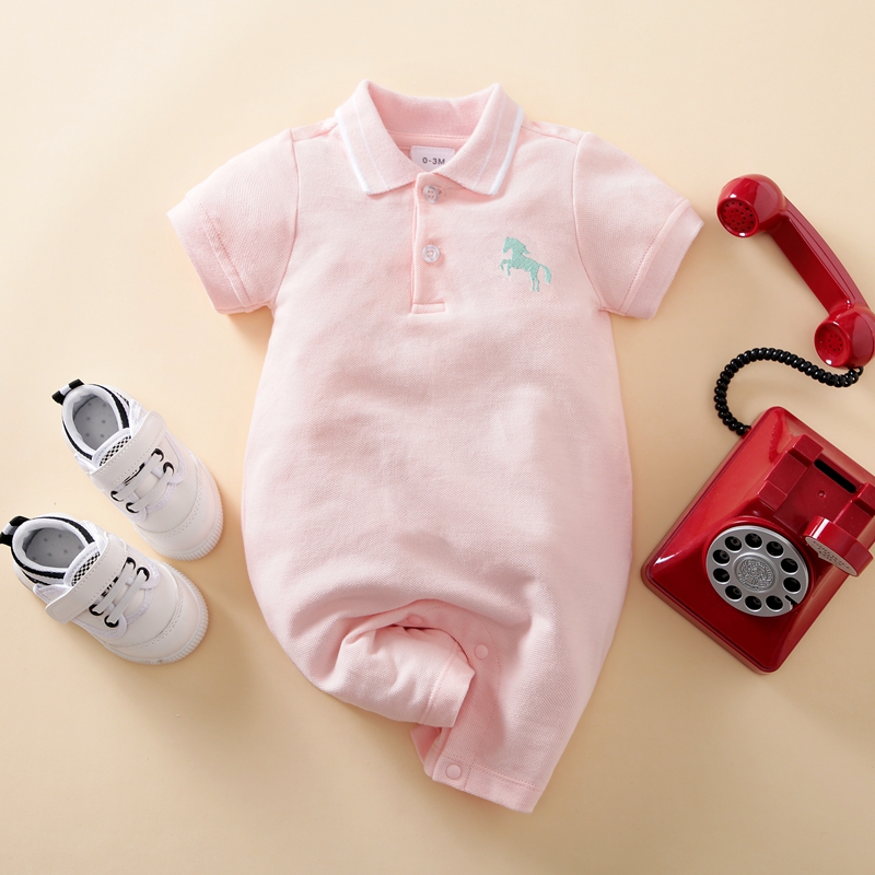 

100% Cotton Solid Unicorn Embroidery Lapel Collar Short-sleeve Baby Jumpsuit