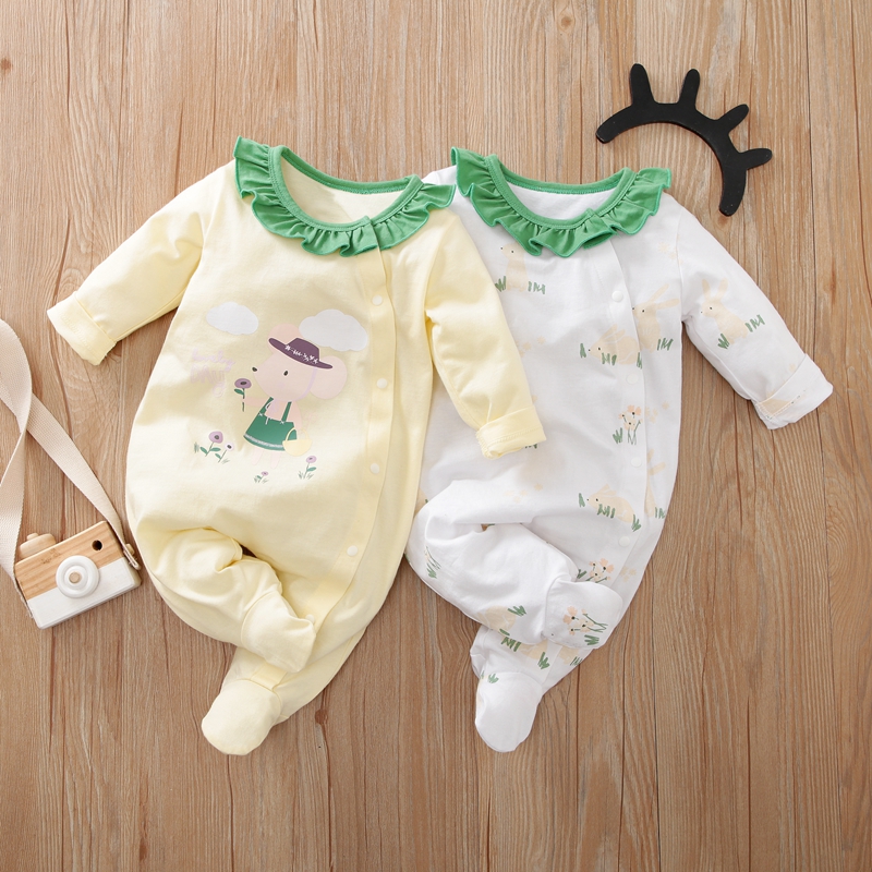 

100% Cotton Ruffle Neck Cartoon Pattern Long-sleeve Baby Jumpsuit