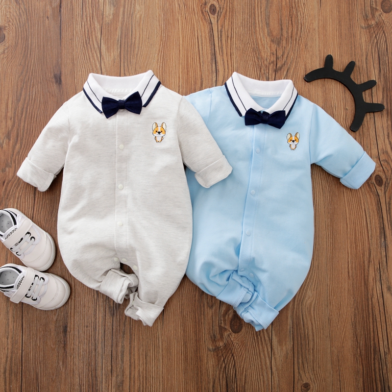 

100% Cotton Solid Dog Print Long-sleeve Baby Jumpsuit