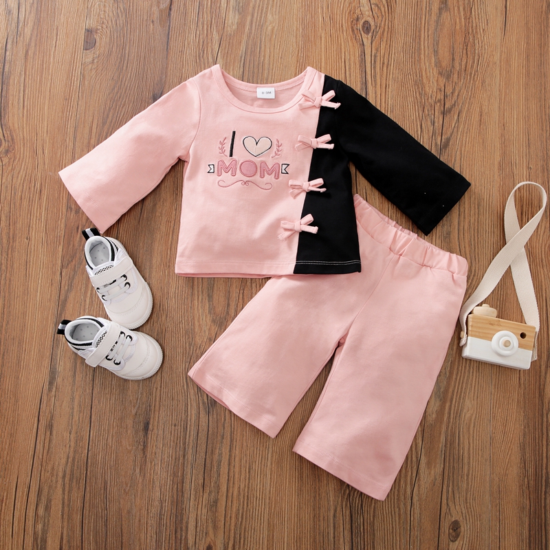 

100% Cotton 2pcs Pink and Black Color Block Long-sleeve Baby Set