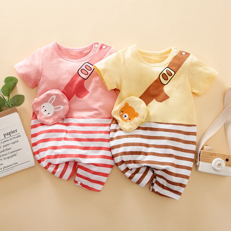 

100% Cotton Cartoon Animal Print Striped Short-sleeve Baby Jumpsuit