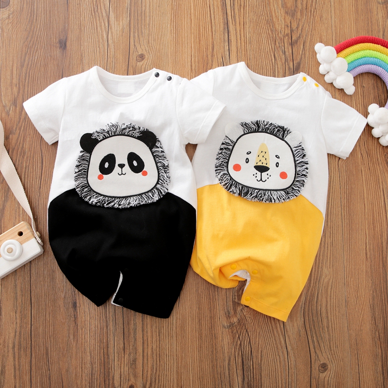 

100% Cotton Cartoon Animal Print 3D Ears Colorblock Short-sleeve Baby Romper