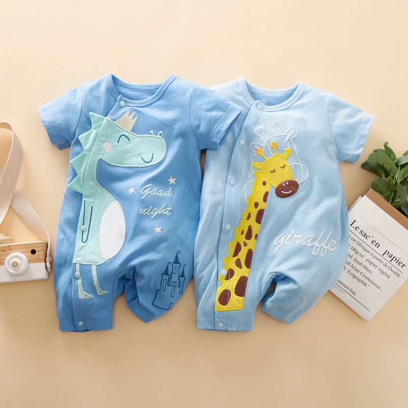 

100% Cotton Cartoon Animal and Letter Embroidered Short-sleeve Baby Romper