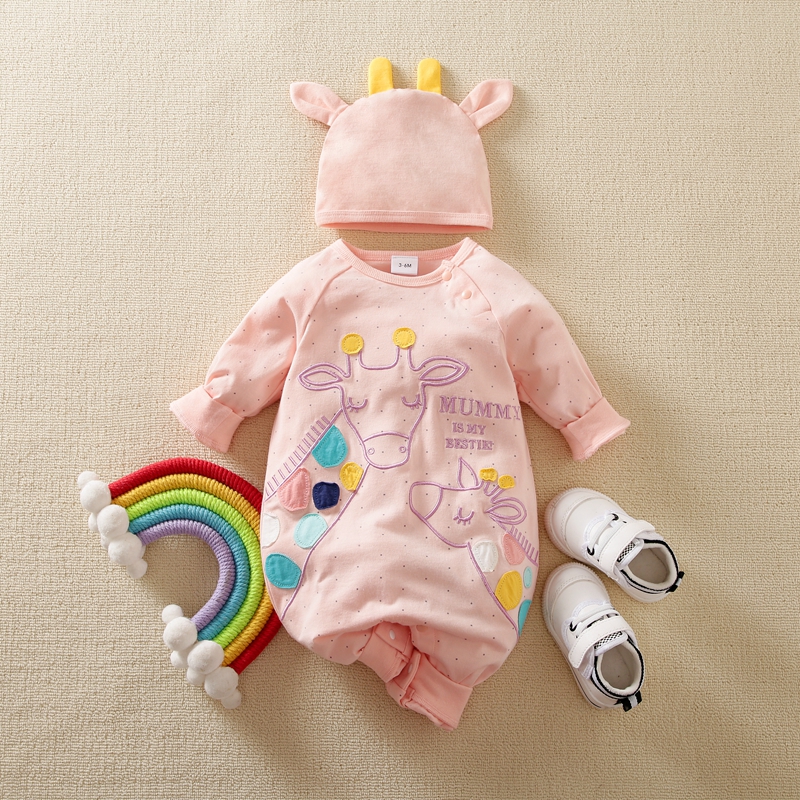

100% Cotton 2pcs Baby Cartoon Giraffe and Letter Embroidered Pink Long-sleeve Jumpsuit Set