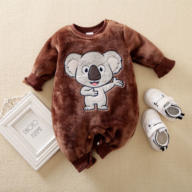 

Cartoon Koala Embroidered Brown Fleece Long-sleeve Baby Jumpsuit