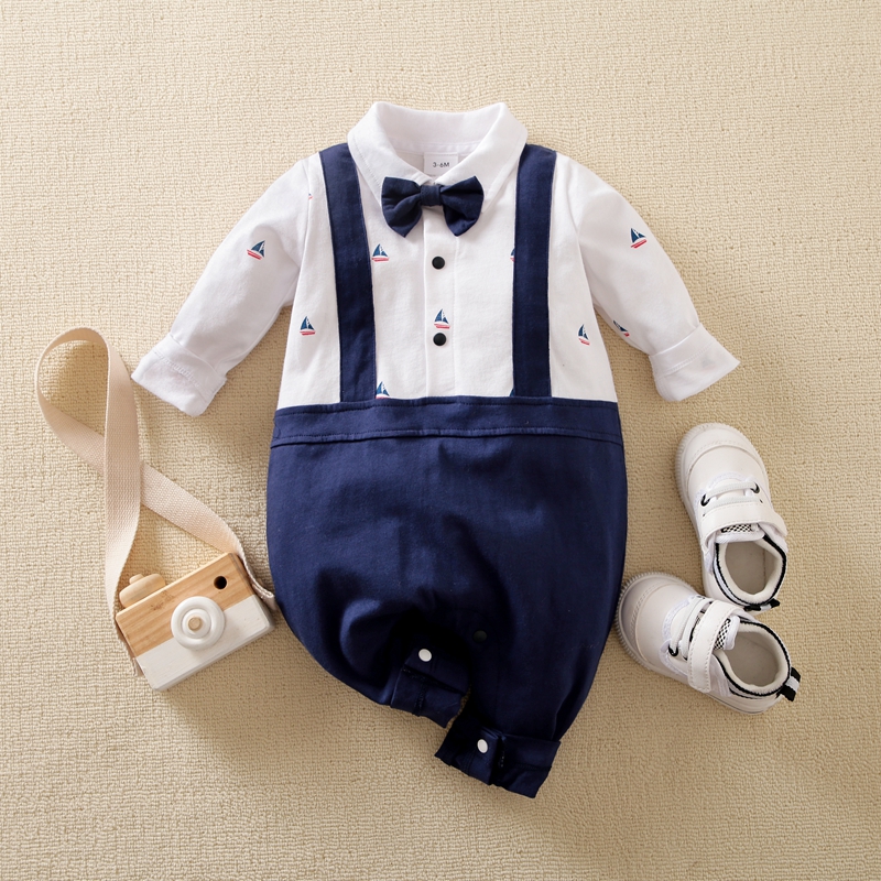 

100% Cotton Baby Lapel Bow Tie Sailboat Print Long-sleeve Splicing Faux-two Jumpsuit