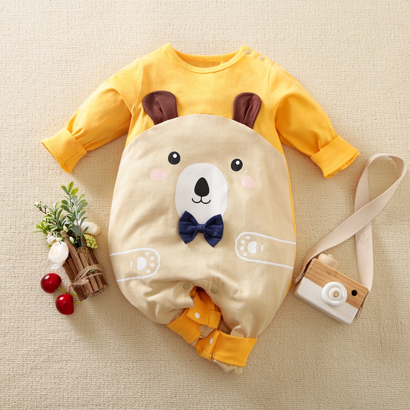 

100% Cotton Baby Boy/Girl Cartoon Bear Print 3D Ears Bow Tie Decor Yellow Long-sleeve Jumpsuit