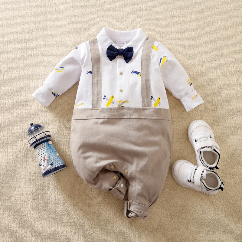 

100% Cotton Baby Boy Airplane Print Long-sleeve Faux-two Gentleman Shirt Jumpsuit