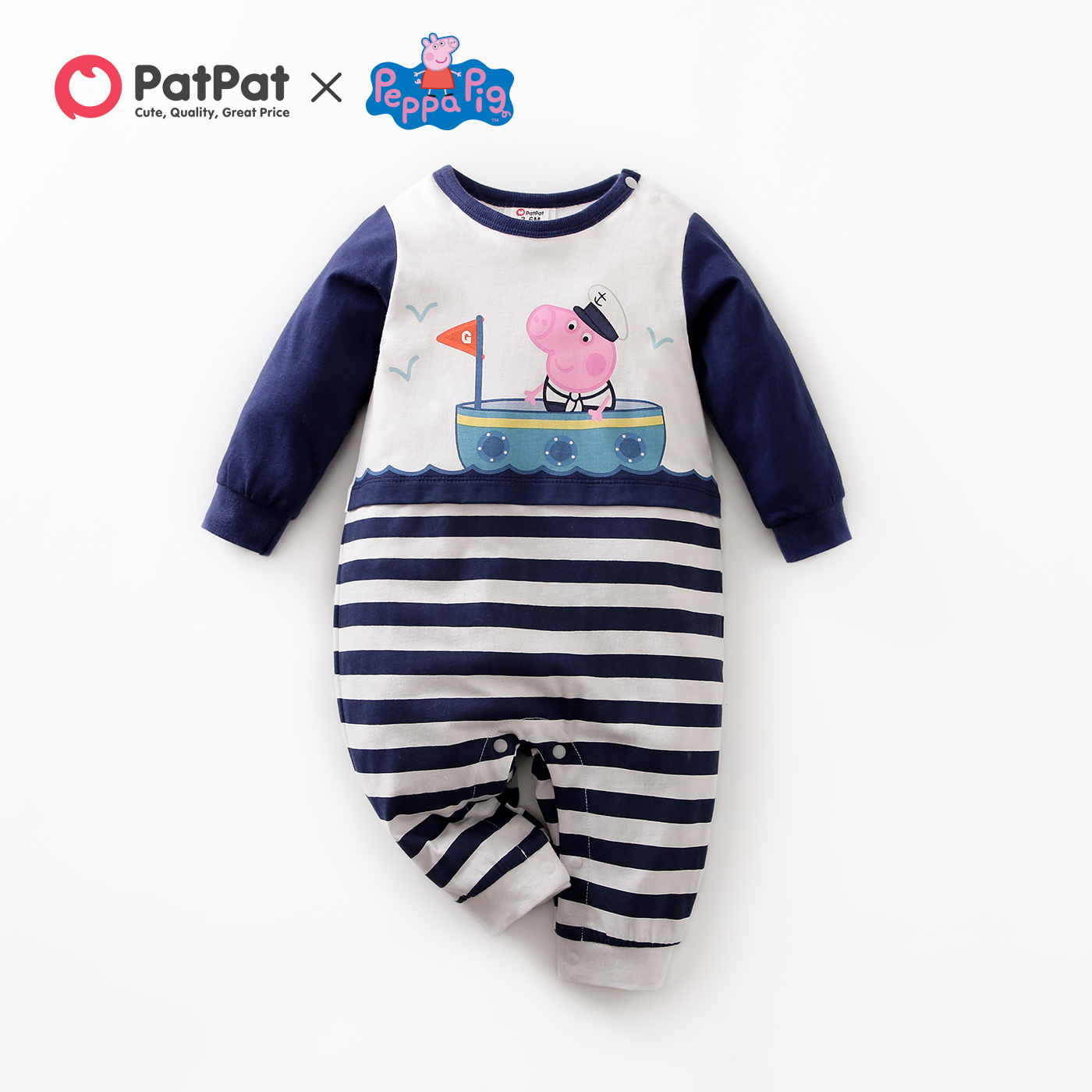 

Peppa Pig Baby Boy 100% Cotton Cartoon Print Long-sleeve Striped Jumpsuit