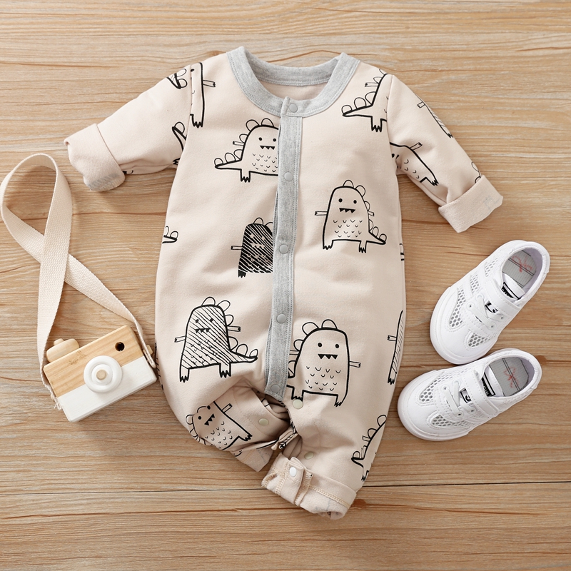 

Baby Boy All Over Cartoon Dinosaur Print Long-sleeve Snap-up Jumpsuit
