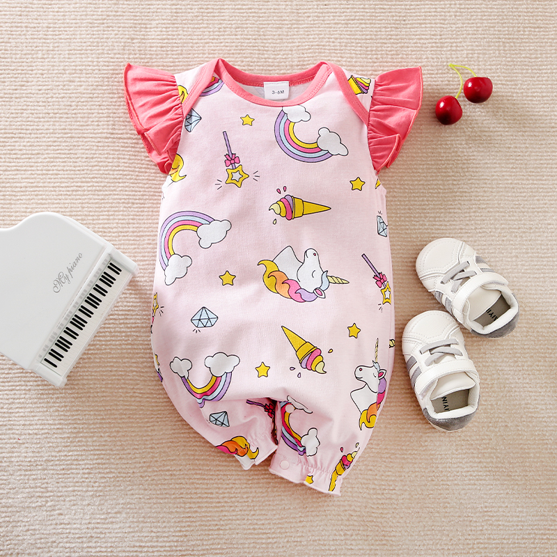 

100% Cotton Baby Girl Allover Rainbow and Unicorn Print Flutter-sleeve Jumpsuit