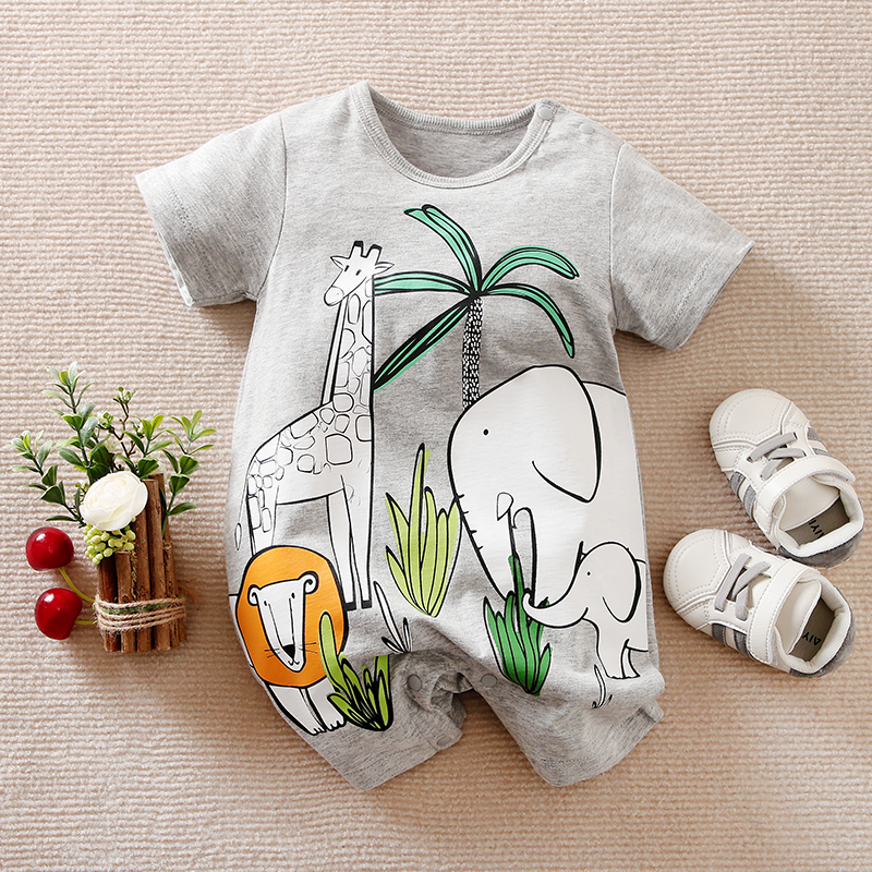 

100% Cotton Baby Boy Cartoon Animal Print Grey Short-sleeve Romper