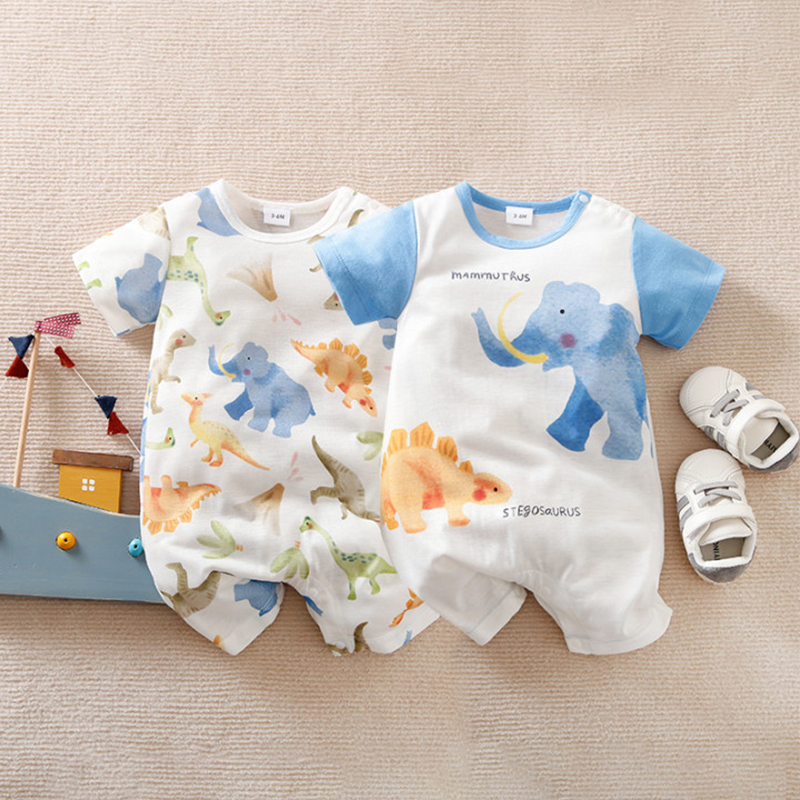 

Baby Boy Cartoon Elephant and Dinosaur Print Short-sleeve Romper