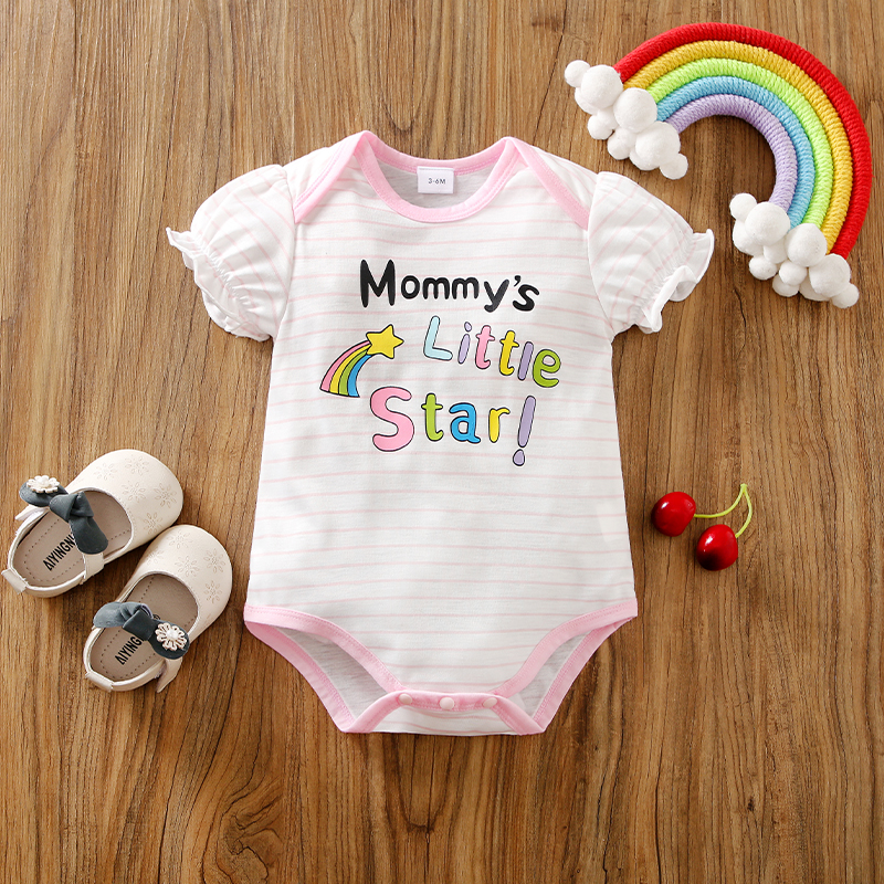 

Mother's Day Baby Girl Rainbow and Letter Print Pink Striped Puff-sleeve Romper